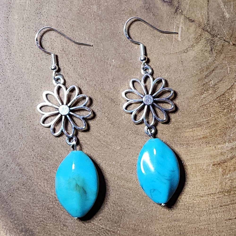 Hand Crafted Faux Turquoise and Silver Toned Floral Earrings - Picture 5 of 9